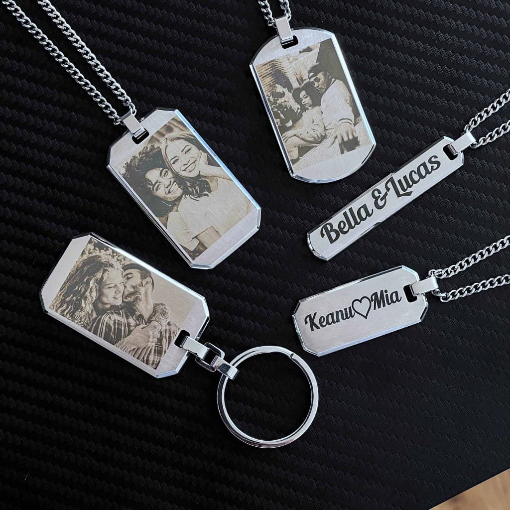 Collection of personalized photo and name necklaces